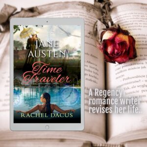 Jane Austen Time Traveler ebook cover and red rose within open book